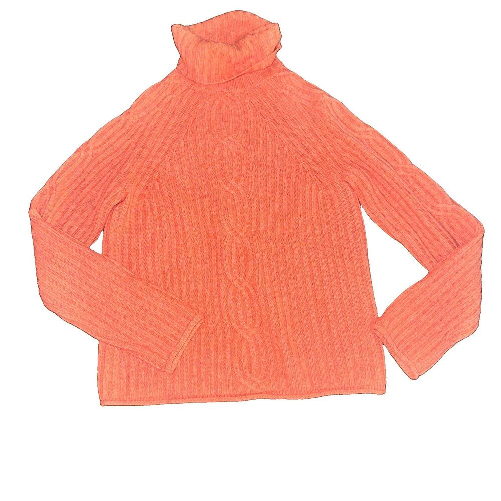 Garnet Hill Orange 100% Cashmere Cable Knit Turtleneck Sweater Small